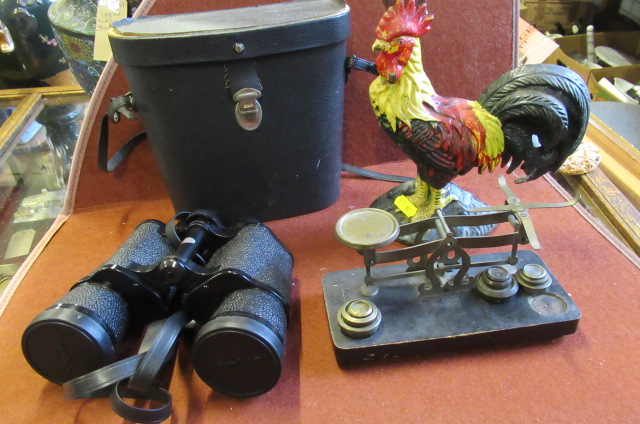 PAIR OF BINOCULARS  METAL DOOR STOP AND SCALES Image