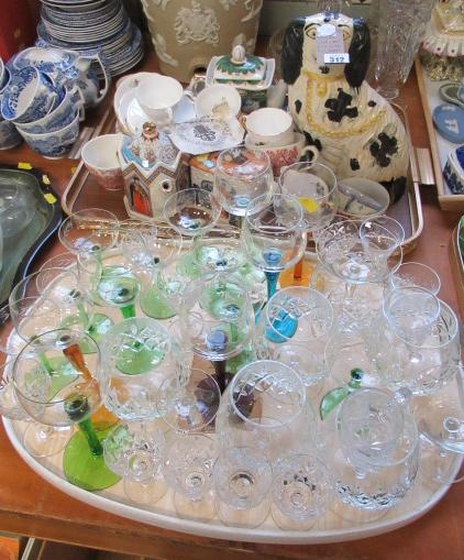 TRAY OF GLASS AND CERAMICS INCLUDING STAFFORDSHIRE DOGS Image