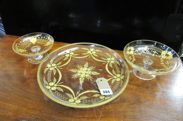 TWO EDWARDIAN GILDED GLASS TAZZA'S AND PLATTER Image