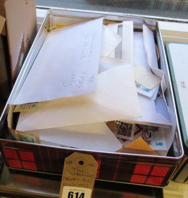 TIN CONTAINING STAMPS IN ENVELOPES ETC Image