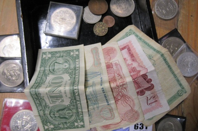 BOX OF COINS AND NOTES ETC Image