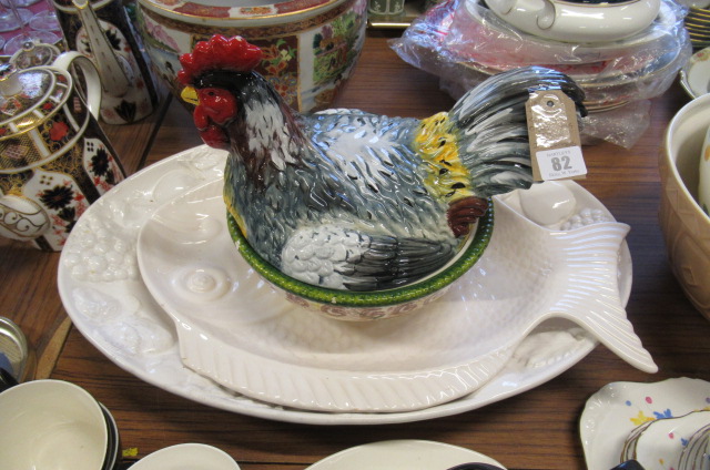 POTTERY CHICKEN EGG DISH AND TWO PLATTERS Image