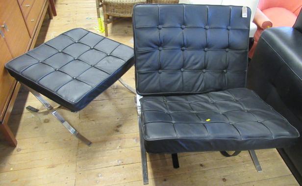 RETRO BLACK LEATHER AND CHROME CHAIR AND STOOL Image