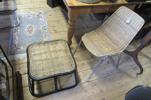 CHROME AND WICKER CHAIR AND A FOOTSTOOL Image