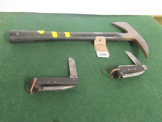 VINTAGE WWII FIREMANS AXE AND TWO FOLDING KNIVES Image