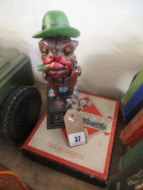 CAST IRON BULLDOG BANK AND VINTAGE MONOPOLY SET Image
