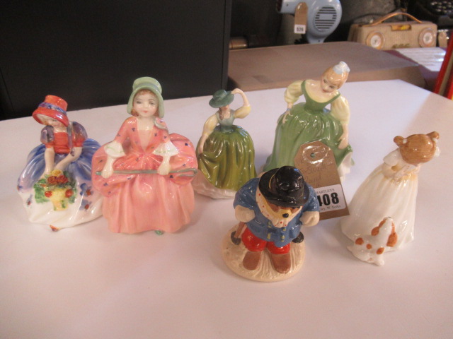 FIVE SMALL ROYAL DOULTON FIGURES AND A COALPORT PADDINGTON FIGURE Image