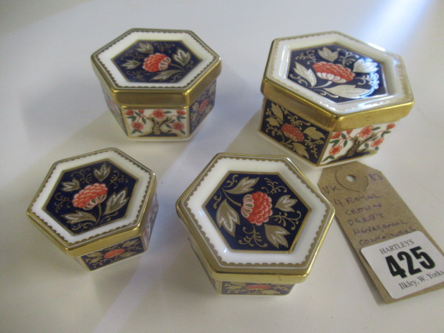 FOUR ROYAL CROWN DERBY HEXAGONAL GRADUATED CONTAINERS Image