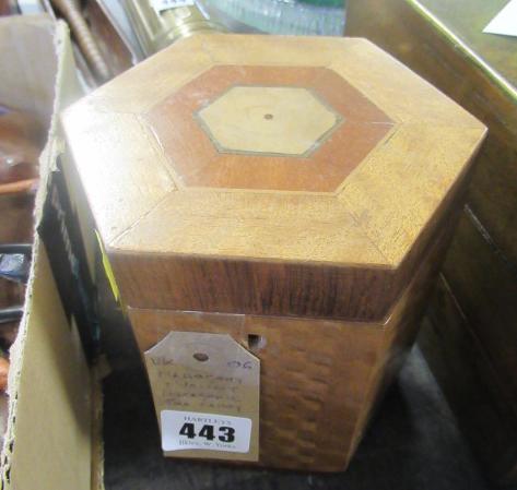 MAHOGANY AND WALNUT HEXAGONAL TEA CADDY Image