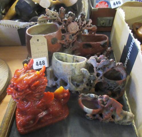 THREE SOAPSTONE ORNAMENTS AND ANOTHER Image