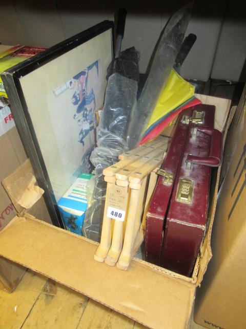 BOX OF MISCELLANEOUS ITEMS INCLUDING UMBRELLAS Image