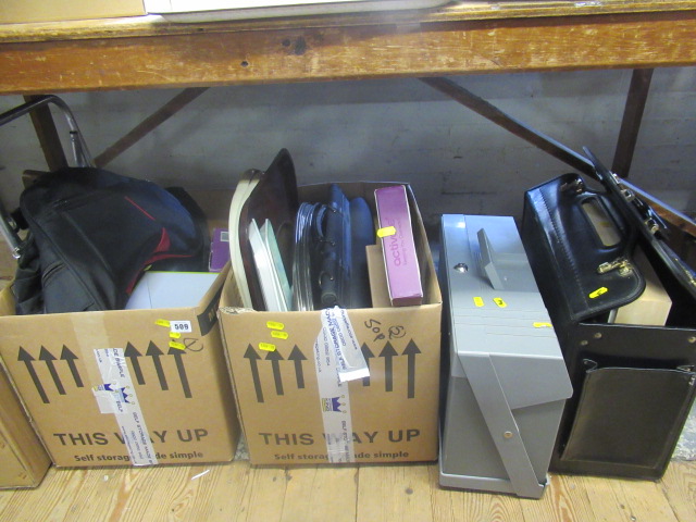 TWO BOXES OF MISCELLANEOUS INCLUDING LEATHER AND PLASTIC CARRY CASES Image