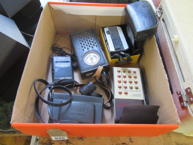 BOX OF VINTAGE CAMERAS  RADIO  AND CALCULATOR ETC Image