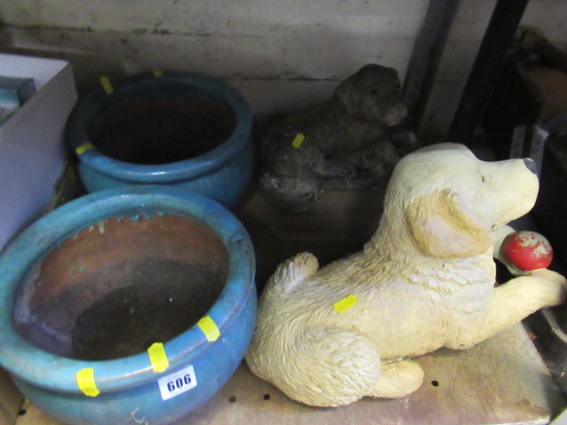 PAIR OF TURQUOISE GLAZED PLANTERS AND TWO GARDEN DOG ORNAMENTS Image