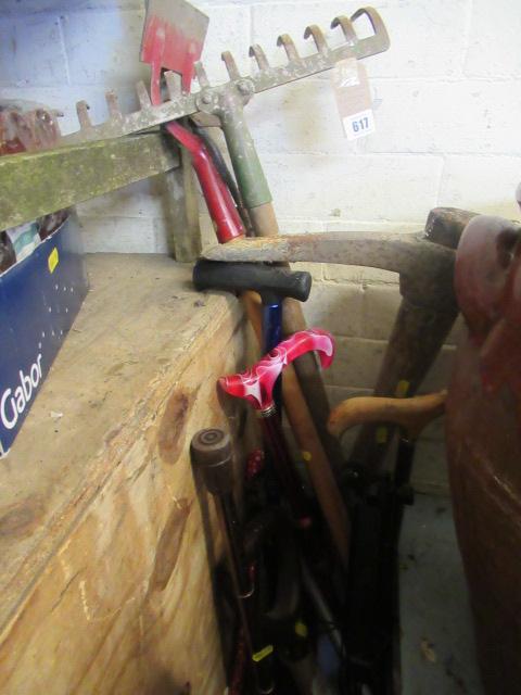 QUANTITY OF GARDEN TOOLS AND WALKING STICK ETC Image