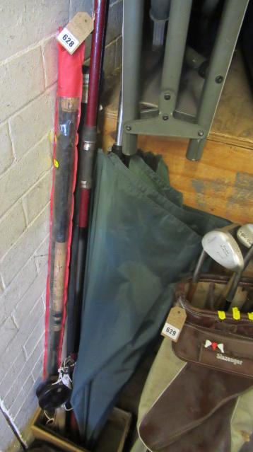 FIVE FISHING RODS  REEL  AND UMBRELLA Image