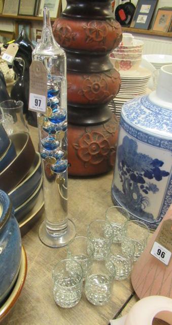 GALILEO GLASS THERMOMETER AND SEVEN GLASS TUMBLERS Image