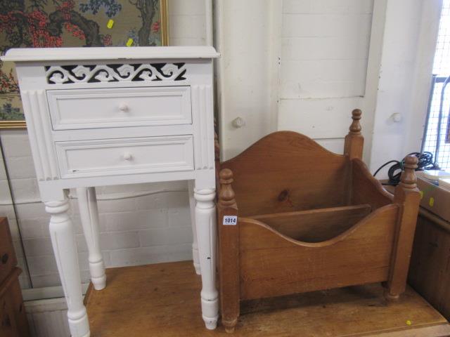 PINE MAGAZINE RACK AND A PAINTED BEDSIDE TABLE Image