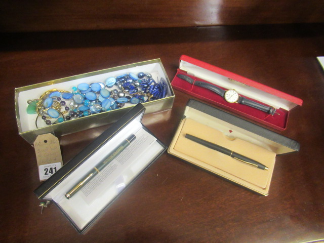 SMALL BOX OF COSTUME JEWELLERY AND PENS Image