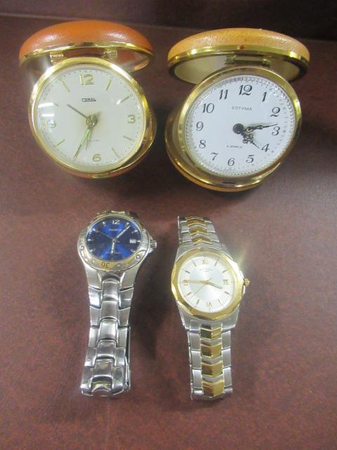 TWO WATCHES AND TWO TRAVEL CLOCKS Image