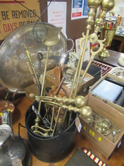 METAL COAL BUCKET CONTAINING PAIR BRASS FIRE DOGS AND FIRE IRONS ETC Image