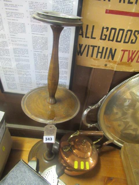 WOODEN ASHTRAY STAND AND COPPER KETTLE Image