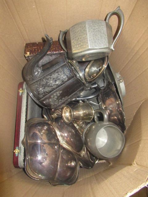 BOX OF PLATED WARE INCLUDING BAROMETER Image