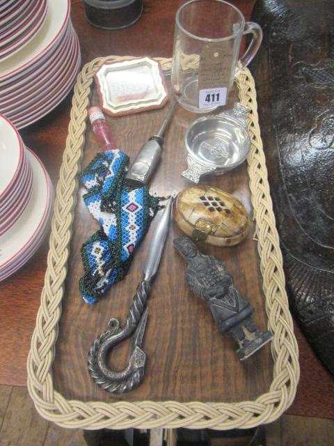 TRAY OF COLLECTABLES INCLUDING 17TH CENTURY BROCADE AND SNAKE VENOM ANTIDOTES Image