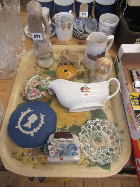 TRAY OF CERAMICS INCLUDING JASPERWARE AND VICTORIAN FAIRING Image
