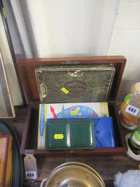 WOODEN BOX OF MISCELLANEOUS ITEMS INCLUDING WATERCOLOUR SETS Image
