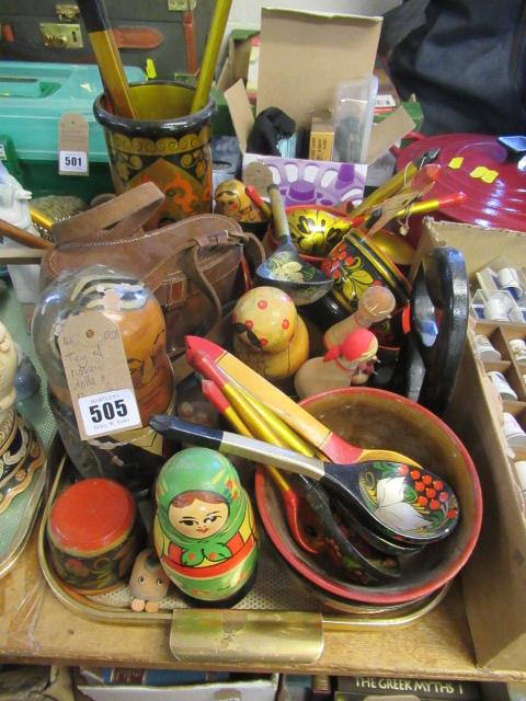 TRAY OF RUSSIAN DOLLS AND BINOCULARS ETC Image
