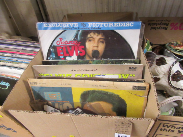 BOX OF LP RECORDS INCLUDNG ELVIS AND BAND AID PICTURE DISCS Image