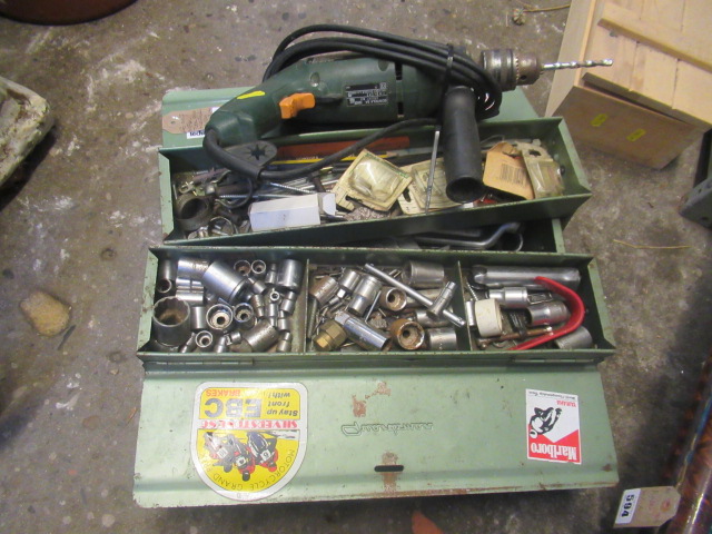 METAL TOOL BOX AND CONTENTS AND A BOSCH DRILL Image