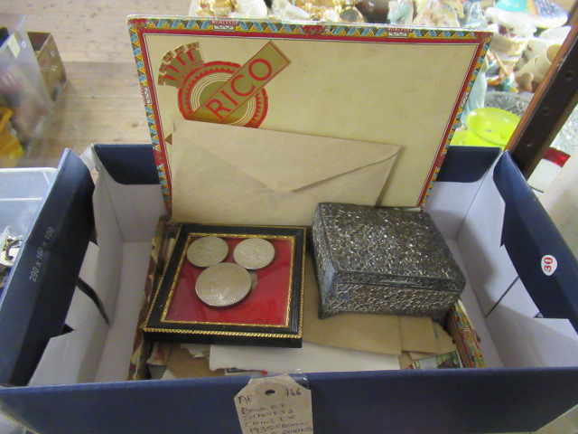 BOX OF STAMPS AND COINS AND A 1935 CROWN ETC Image