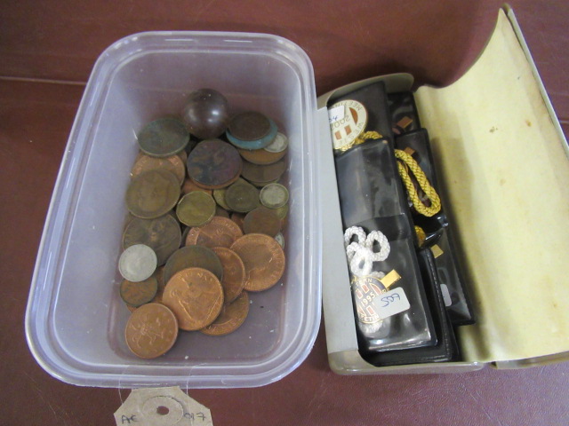 BOX OF COINS AND RACE COURSE BADGES Image