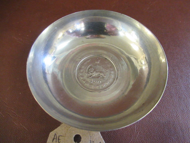 WHITE METAL DISH WITH INSET IRANIAN RIAL COIN Image