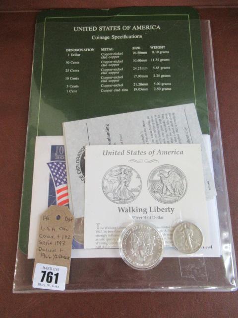 USA COIN COVER AND 1OZ 1993 DOLLAR AND 1944 HALF DOLLAR Image