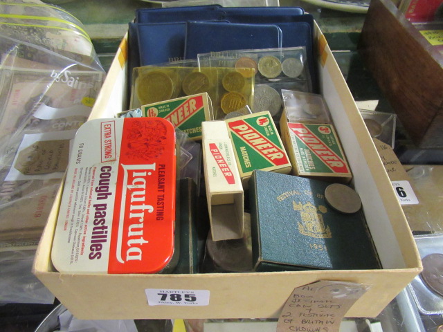 BOX OF DECIMAL COIN SETS AND TWO FESTIVAL OF BRITAIN CROWNS Image