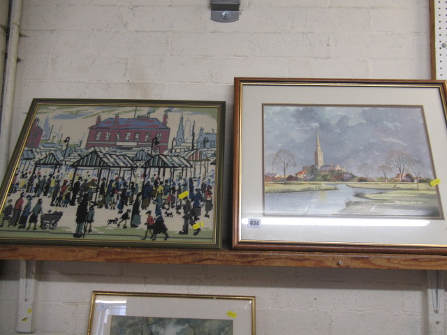 KEN STARKE OF SALISBURY CATHEDRAL WATERCOLOUR AND AN EMBROIDERY Image