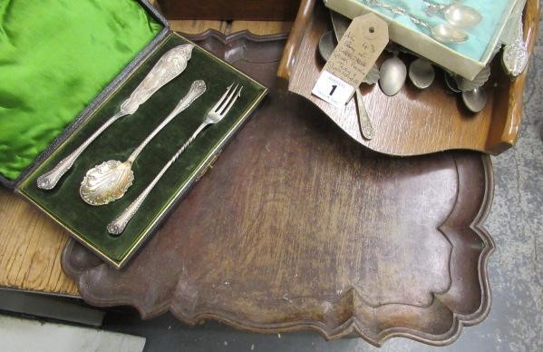 QUANTITY OF COLLECTABLE SPOONS    RACK    TRAY AND SILVER HANDLED BUTTON HOOK Image