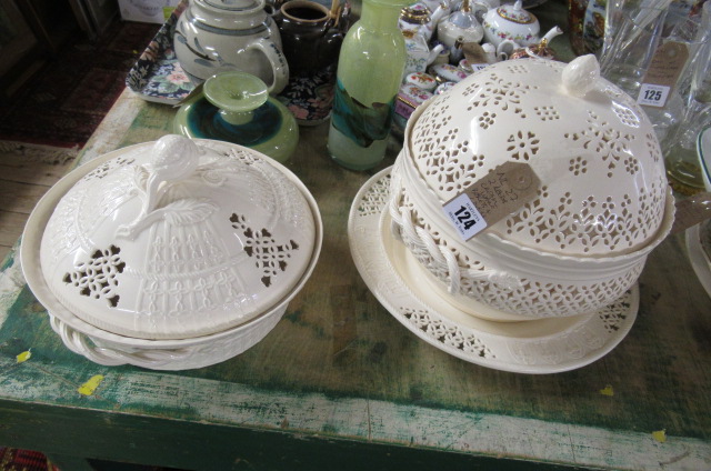 TWO LEEDS CREAMWARE BASKETS AND COVERS Image