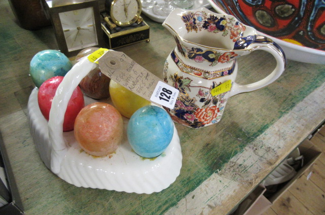 EGG HOLDER AND SIX ALABASTER EGGS AND A MASONS JUG Image