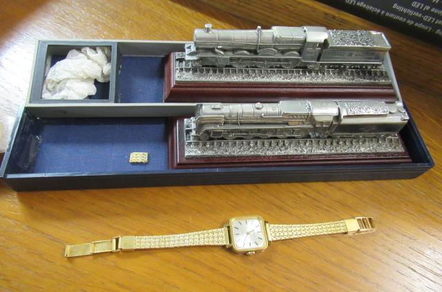 TISSOT WATCH AND TWO MINIATURE TRAIN MODELS Image