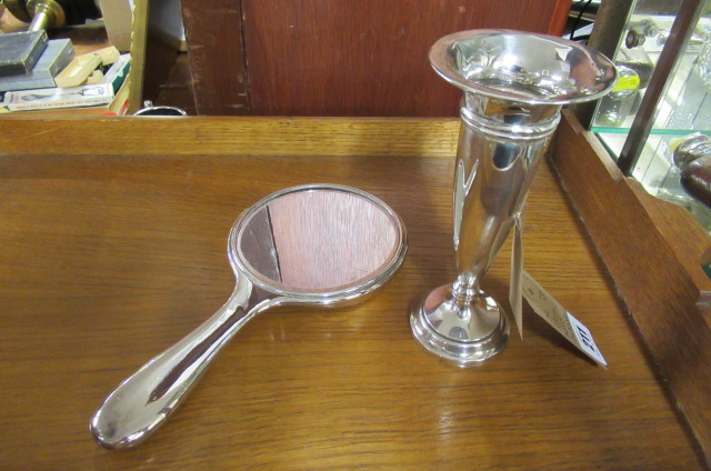 SILVER HAND MIRROR AND A STEM VASE Image