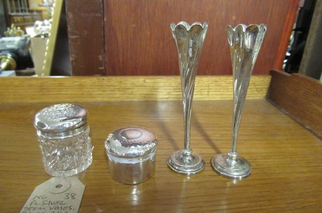 PAIR SILVER STEM VASES   SILVER PILL BOX AND A SILVER TOPPED JAR Image