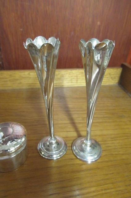 PAIR SILVER STEM VASES   SILVER PILL BOX AND A SILVER TOPPED JAR Image