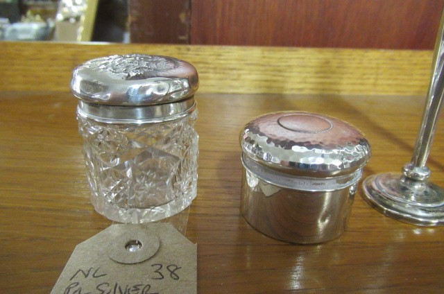 PAIR SILVER STEM VASES   SILVER PILL BOX AND A SILVER TOPPED JAR Image