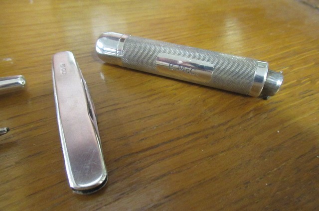 TWO SILVER PENCILS   SILVER PENKNIFE AND A SILVER TORCH Image