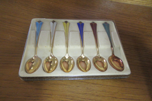 NORWEGIAN 925 SILVER GILT ENAMELLED TEASPOONS Image