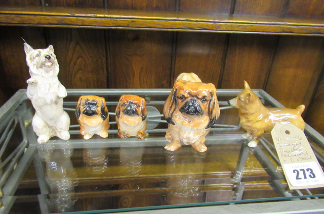 THREE ROYAL DOULTON PEKINGESE DOGS AND TWO OTHERS Image